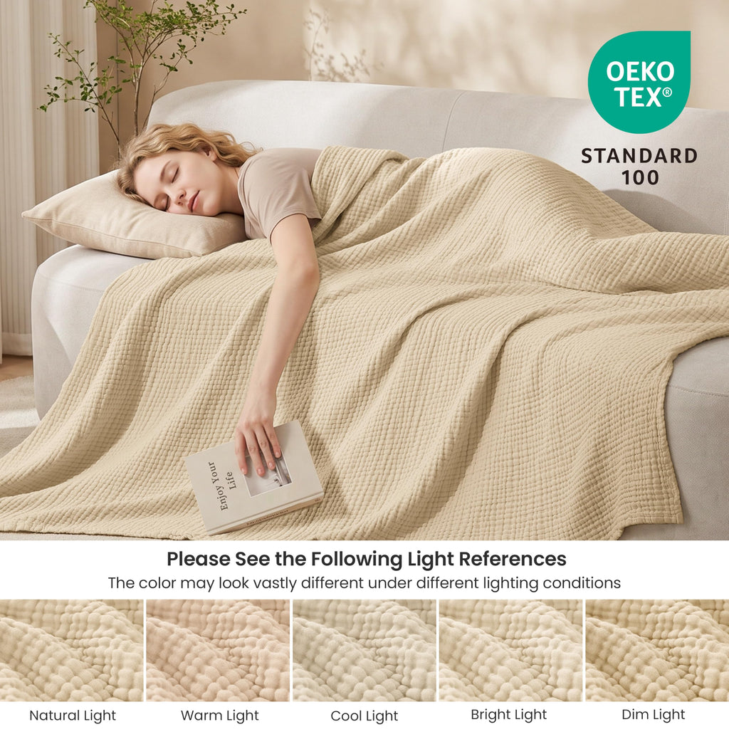 100% Cotton Muslin Blanket for Bed, Khaki