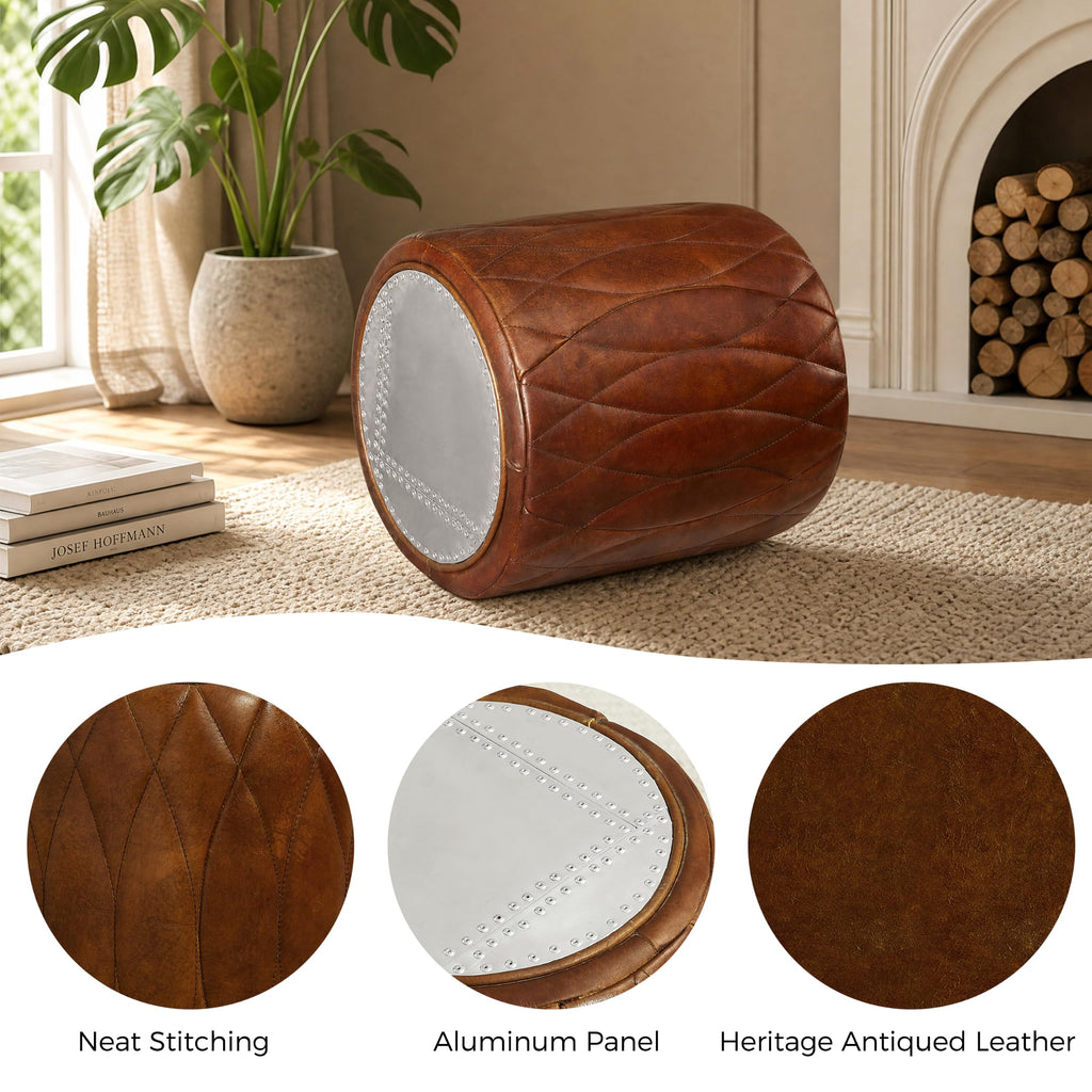 Genuine Leather Ottoman Round Pouf with Aluminum Patchwork