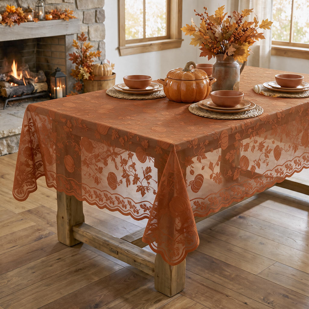 Caramel Fall Lace Table Cloth 60×84 Inch Rectangle, Table Decor