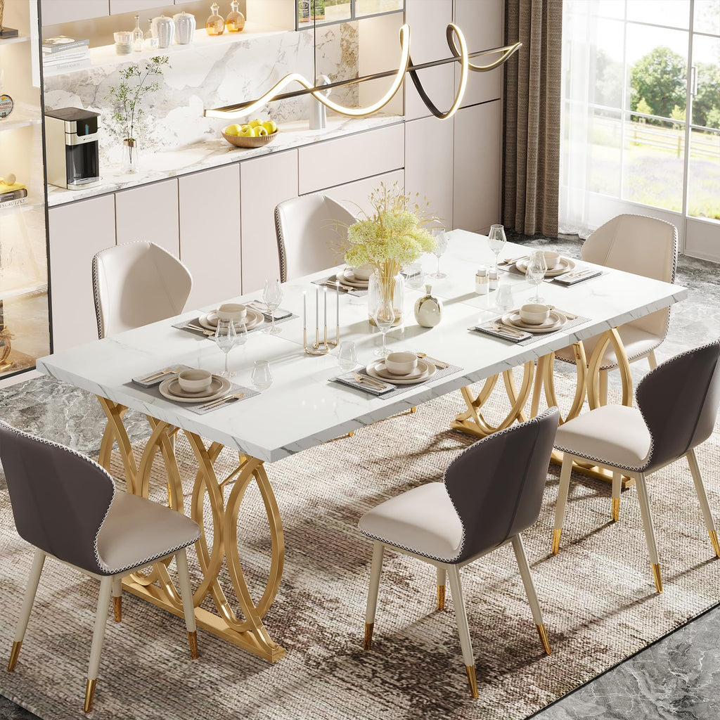 63" Dining Table for 4 to 6, White and Gold Kitchen Table