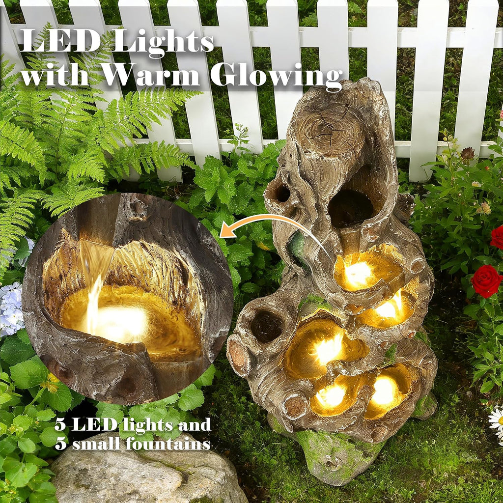 Outdoor Water Fountain, 40" H Tree Trunk Fountain with 5 Waterfalls, 6 Tiers Cascading Garden Water Feature with LED