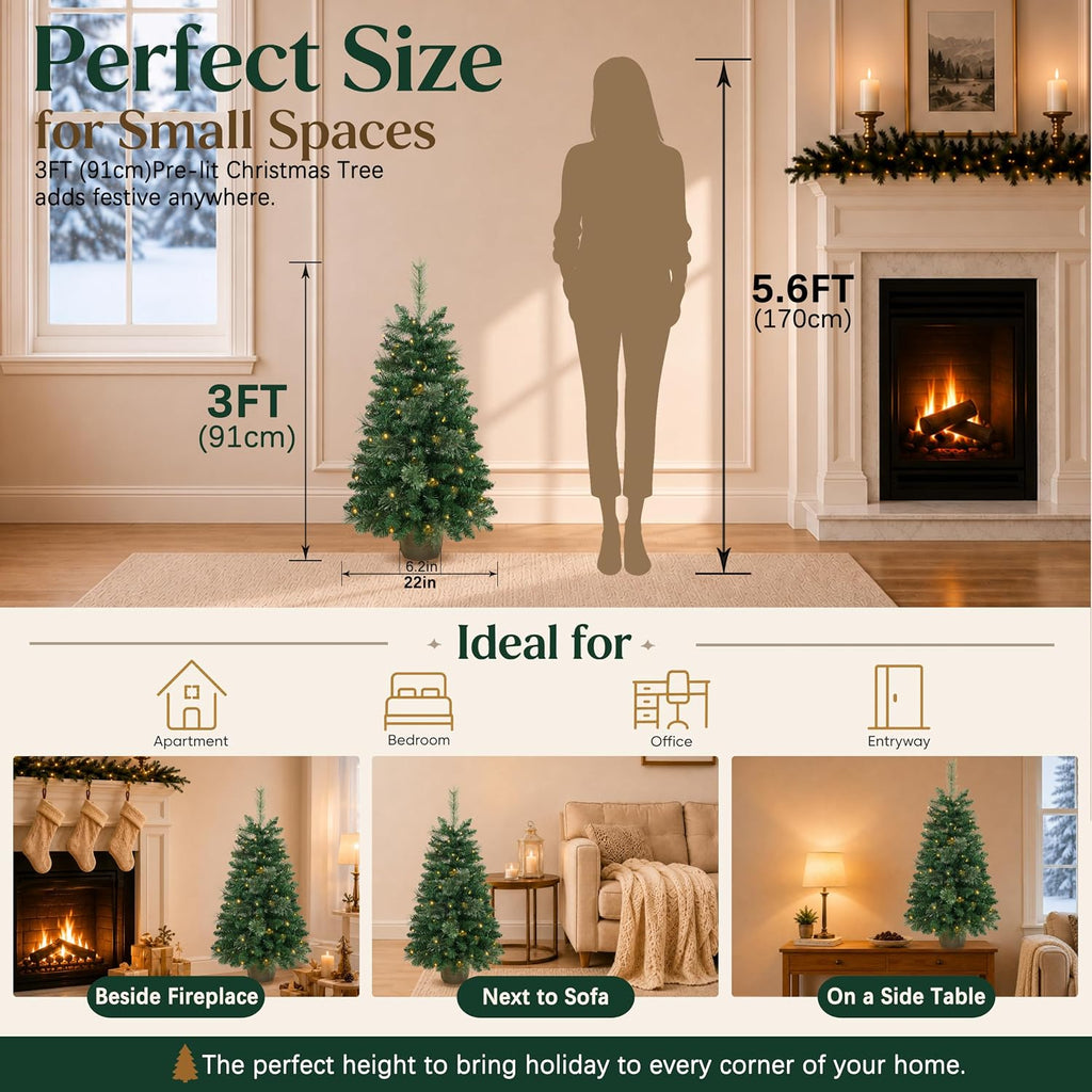 3ft Pre-Lit Artificial Mini Christmas Tree, Battery Operated Desk Xmas Tree