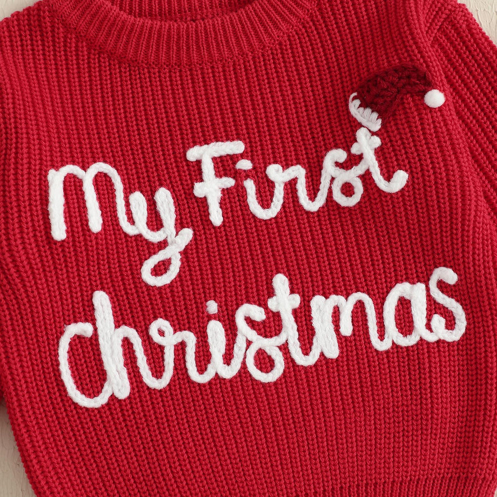 Baby Girl Boy Christmas Outfit Toddler Sweater Long Sleeve Letter Print Warm Knit Pullover Fall Winter Clothes Red