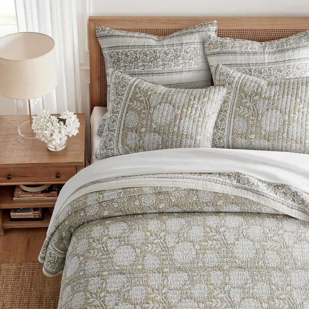 Adare Taupe Reversible Quilt Set (106x92in) and 2 Pillow Shams (36x20in) - Floral Bedding - Taupe White