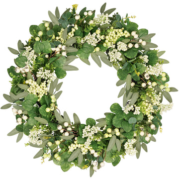 28 inch Eucalyptus Wreath for Front Door, UV Resistant Spring Wreath with Boxwood & Berries, Full & Realistic