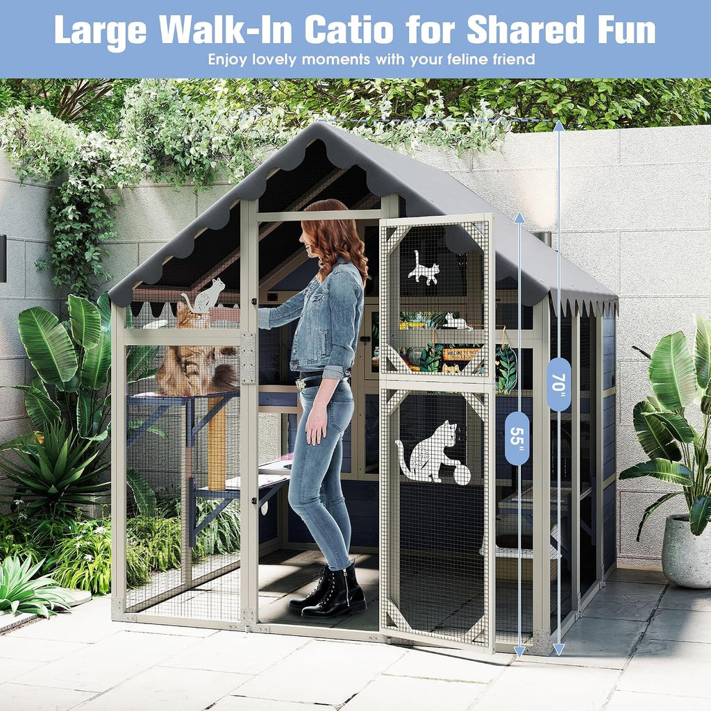 Catio Outdoor Cat Enclosure 70" H Walk-in Cat Patio Large Cat House