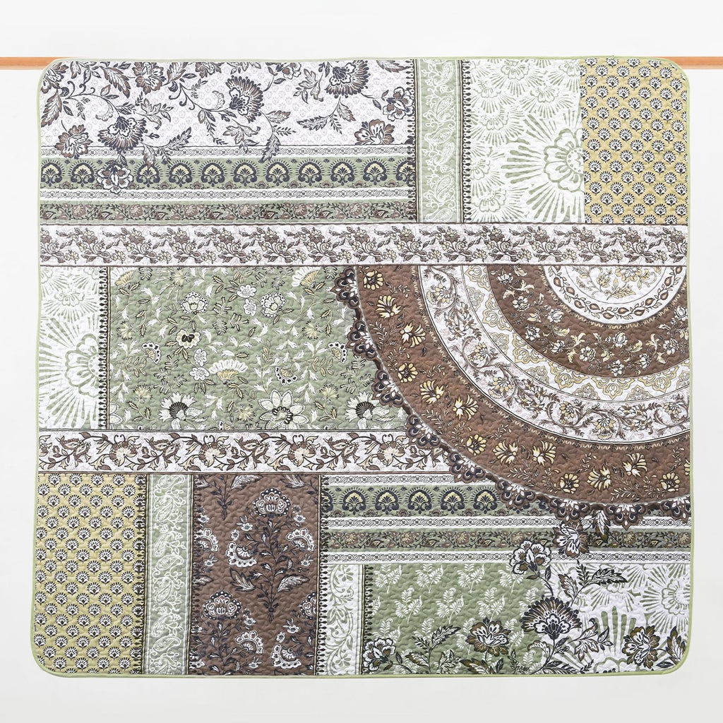 Patchwork Quilt Bedding Set, Boho Bedspread, Brown Green