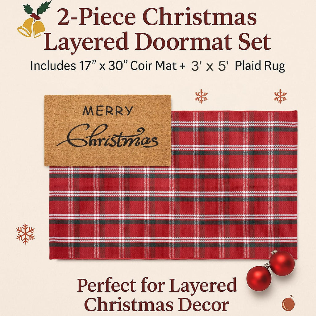 Christmas Door Mat Combo Set - 100% Coco Coir Welcome Mat + 3' x 5' Red Green White Plaid Rug, Christmas New Year