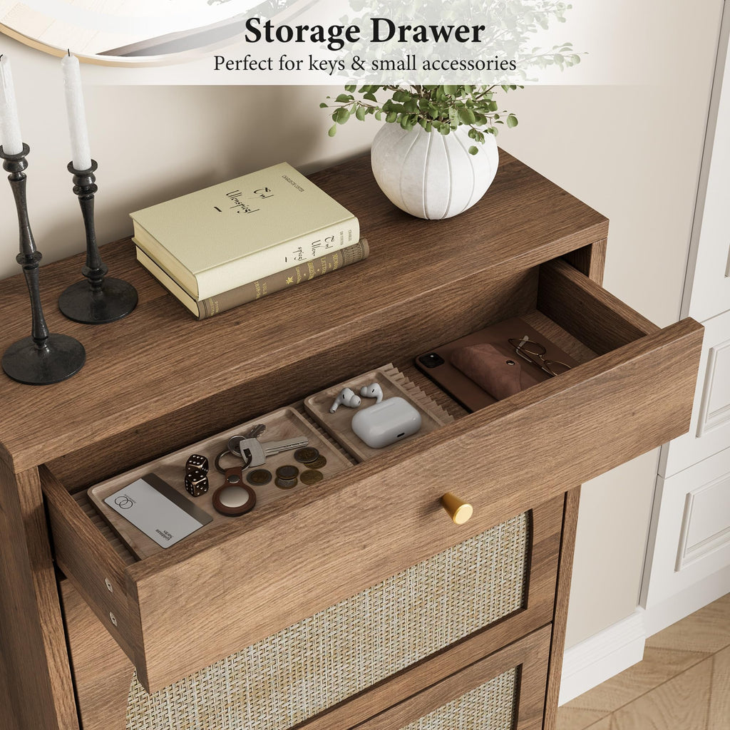 Shoe Storage Cabinet, Slim Shoe Rack with 2 Flip Drawers and Top Storage Drawer, Narrow Shoe Organizer with Arched