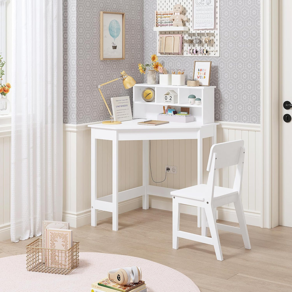 Wooden Kids Corner Desk and Chair Set with Hutch for Ages 3-8