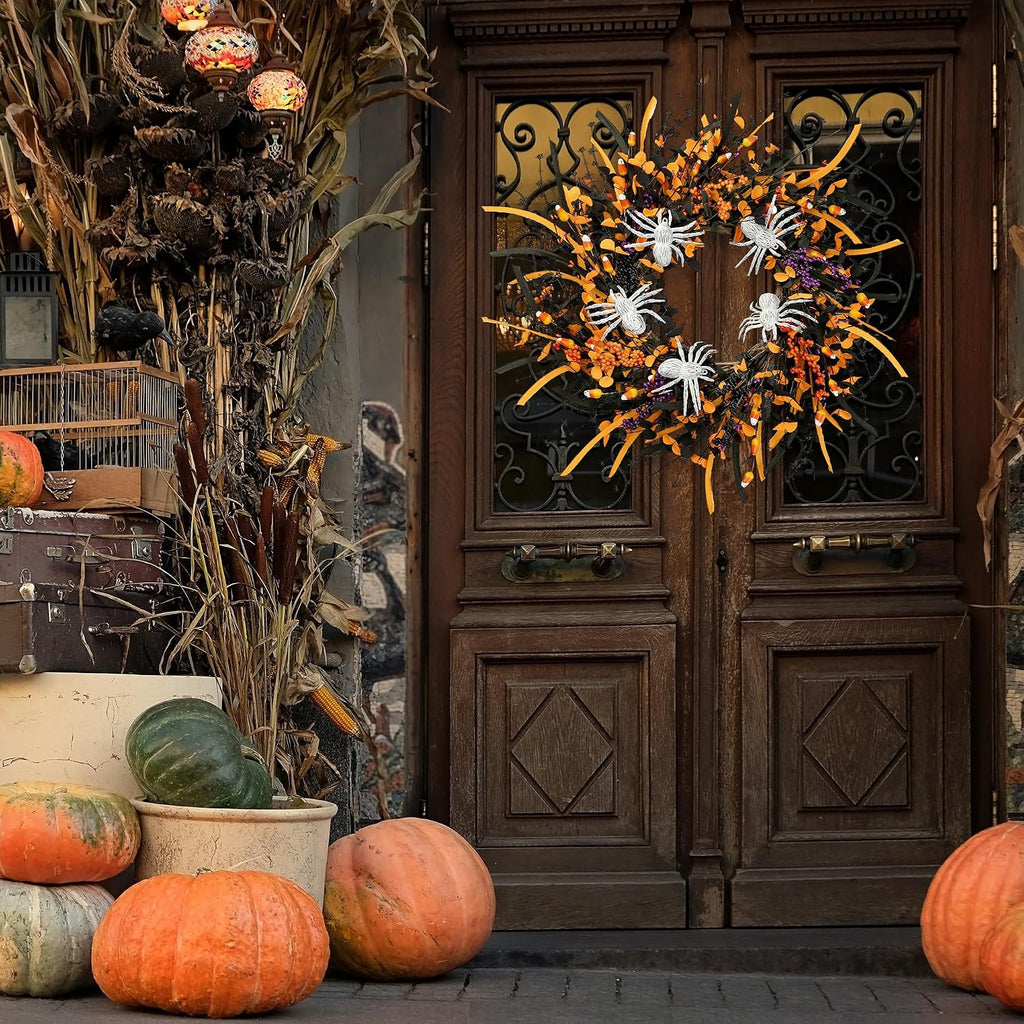 Halloween Wreath 23inch Artificial Spider Wreath with Handmade Black Orange Leaves Orange Purple Berries Teeth Front