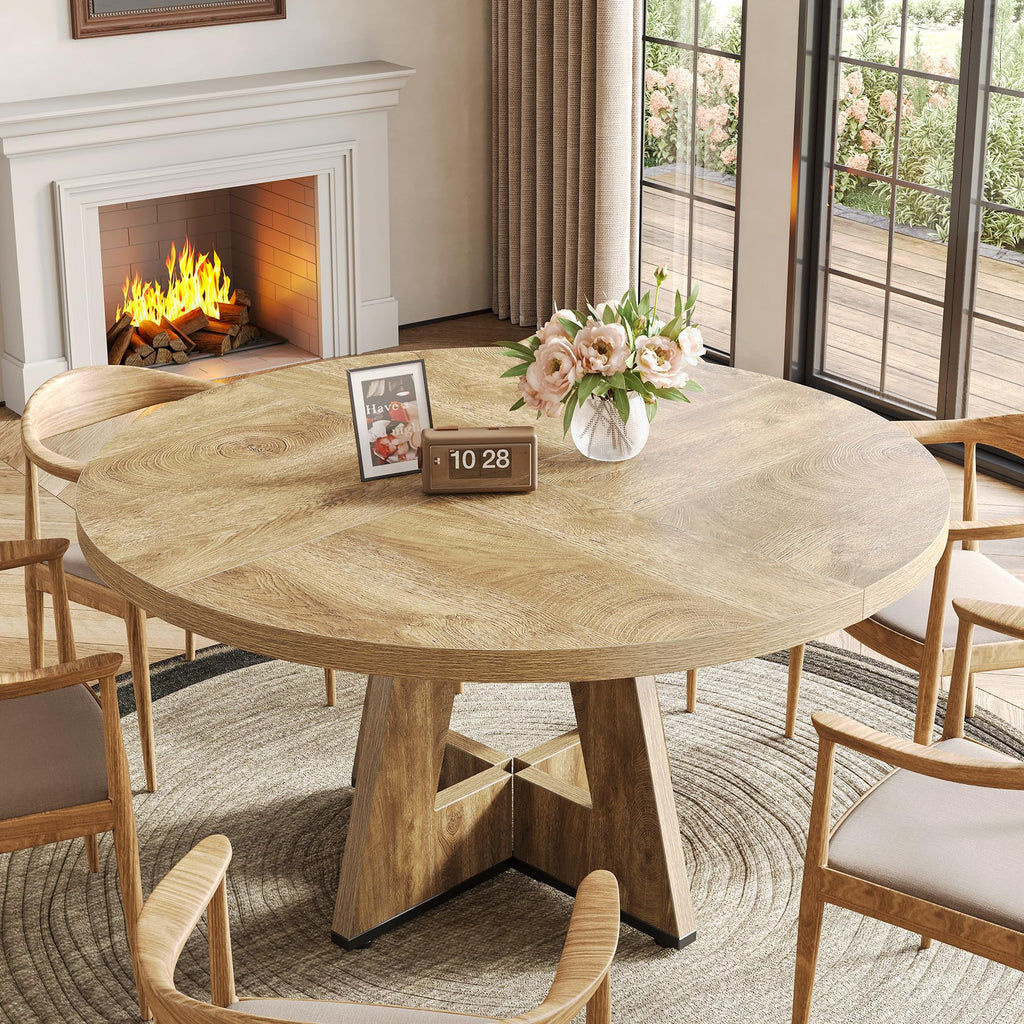Round Dining Table for 4-6 People, 47 Inches Dining Room Table with Wooden Pedestal Base, Circle Kitchen Tables, Oak