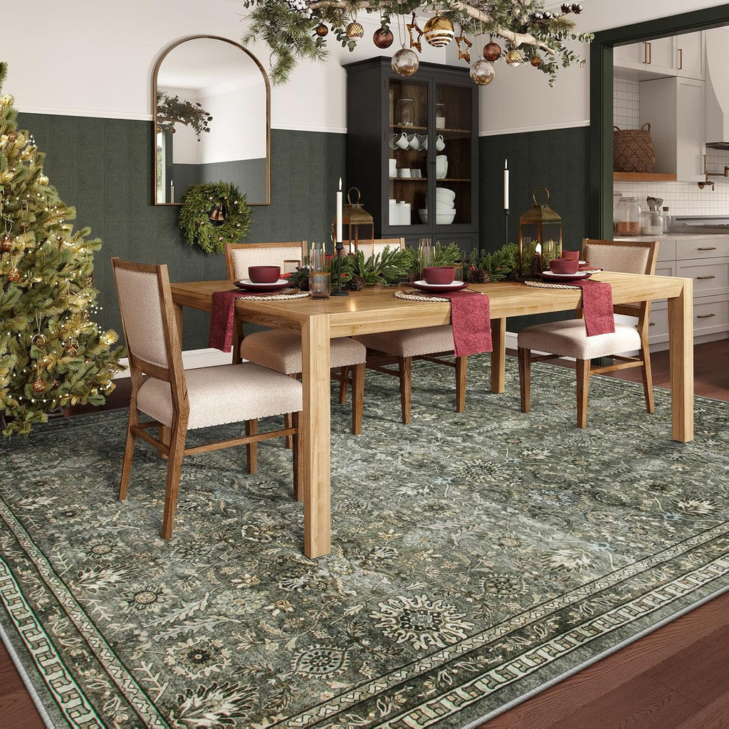 Mirae Large Dark Olive Green Area Rugs, Washable Area Rugs 9x12 Living Room, Boho Bedroom Mats Under