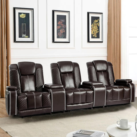 Recliner Chair Set of 3 Theater Seating Breathable Leather Sofa, Suitable Living Room Home Brown A120-B0CT88LBW2