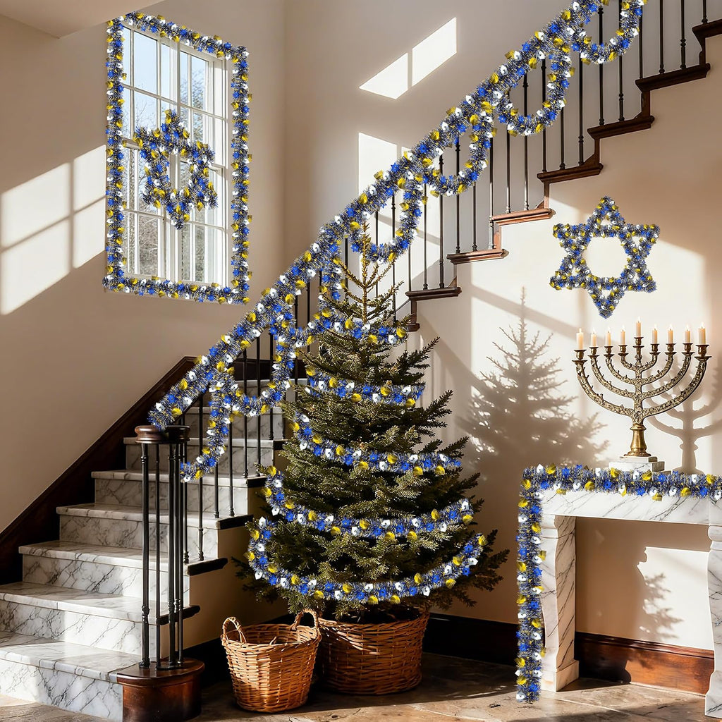 50FT Hanukkah Decorations Tinsel Garland, Blue Gold Silver Shiny Metallic Tinsel Twist Hanukkah Garland with Dreidel - Set of 50