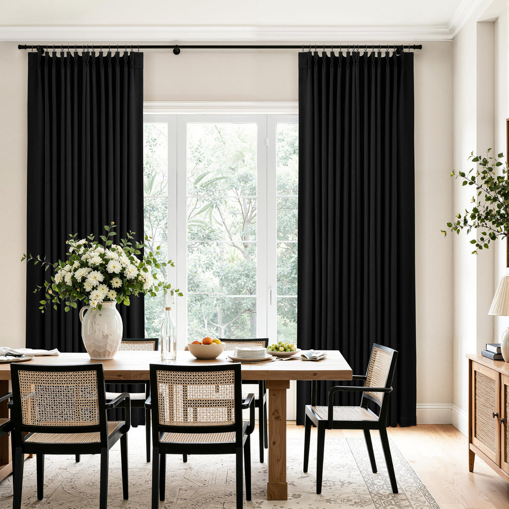Black Pinch Pleated Linen Blackout Curtains 84 inch Long 2 Panels