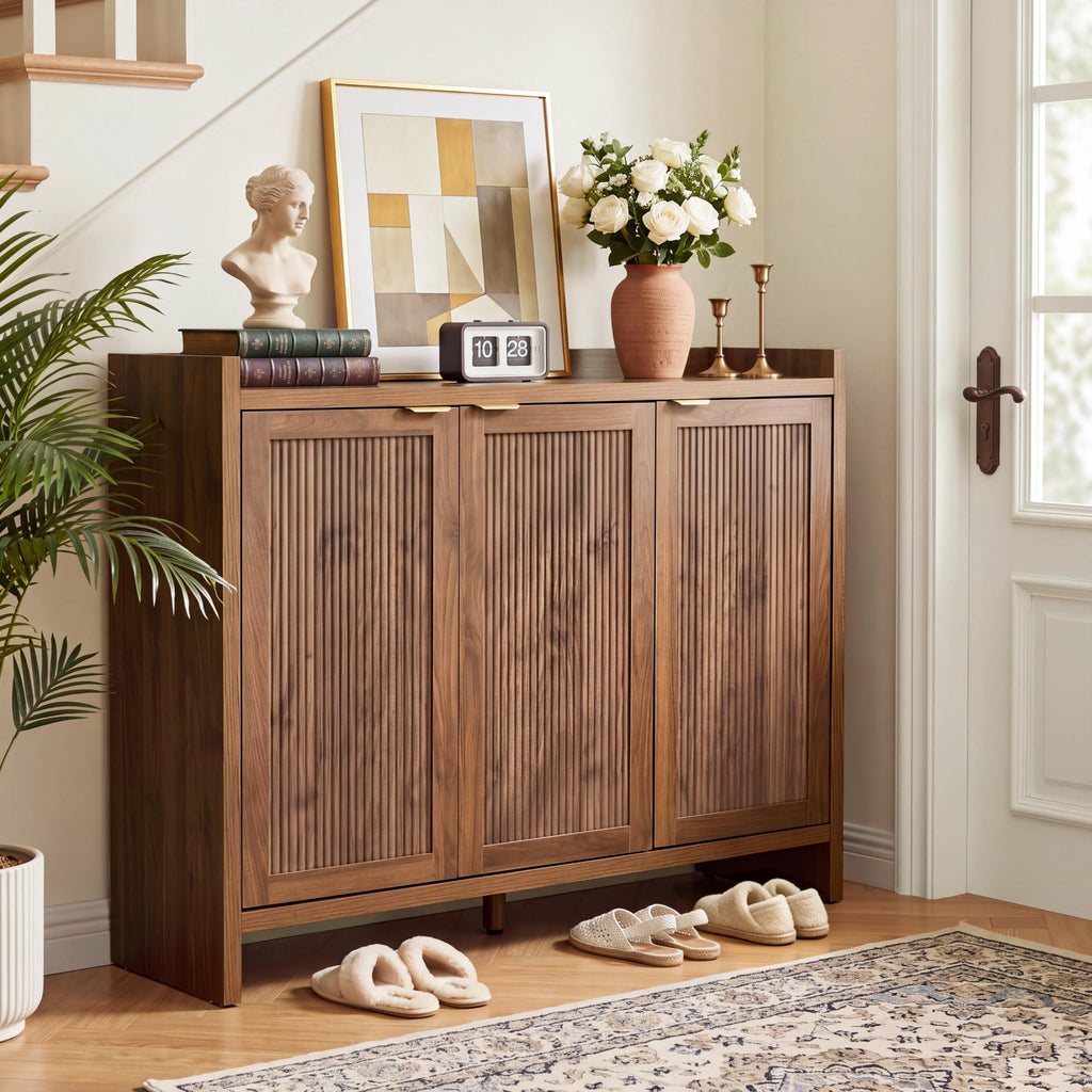 Fluted Walnut Shoe Cabinet with 3 Doors, 5-Tier Storage