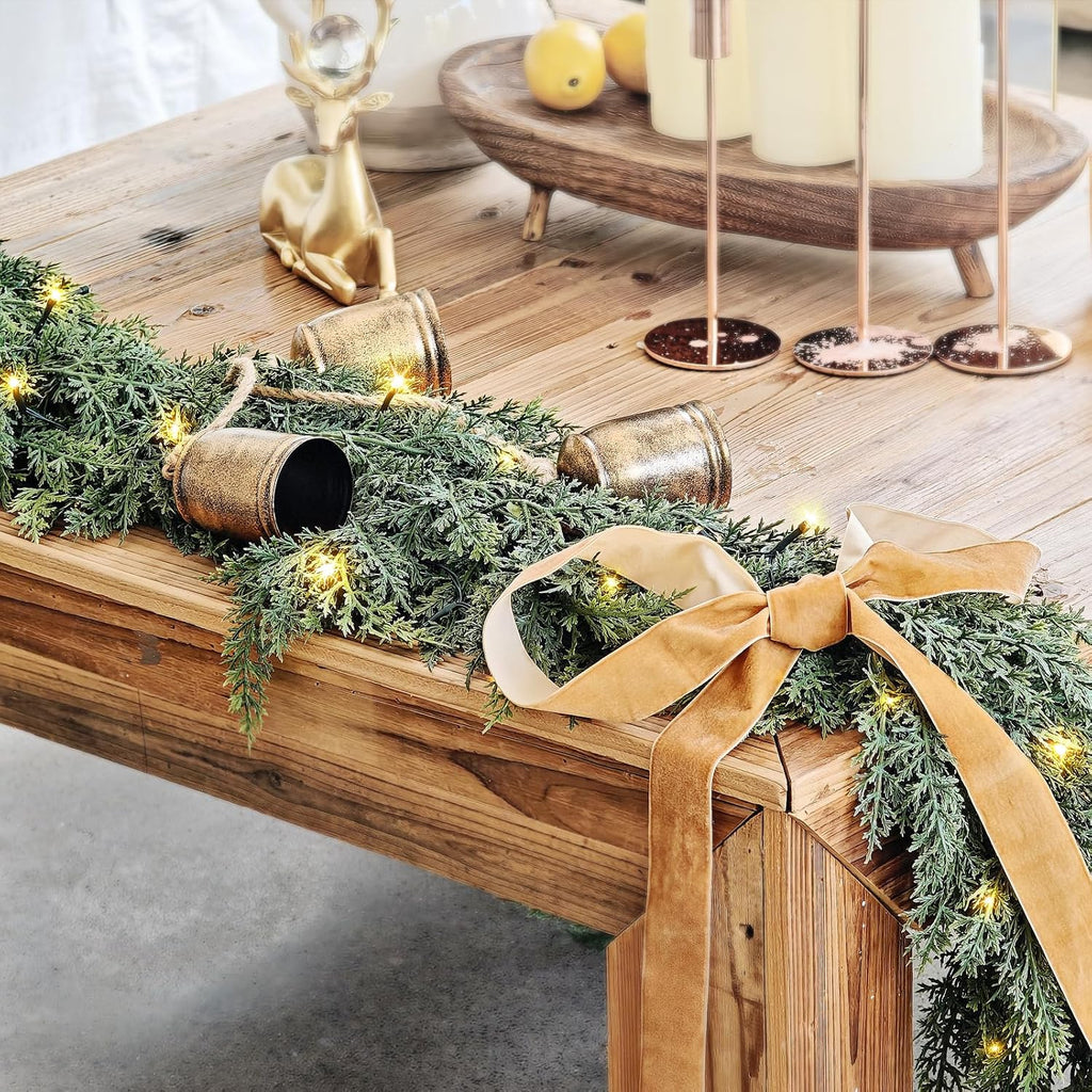 Cedar Christmas Garland with Lights for Mantle - Decorations 6 ft Realistic Lighted Faux Pine Garlands for Xmas Home