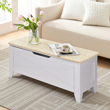 43.3" Storage Bench with Handwoven Wicker Cushion, Lift Top Shoe Bench with Safety Hinges, Ideal, White