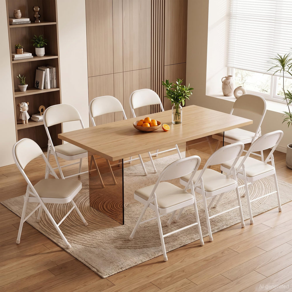 Folding Chairs Set of 2, Faux Leather Padded, Beige