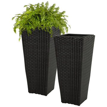 24" Square Tall Wicker Outdoor Planter, Black, 2pk