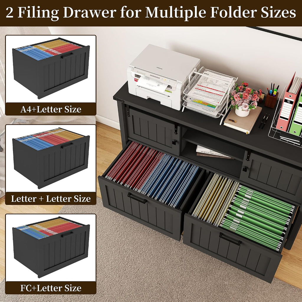 Lateral File Cabinet with Charging Station, Filing Cabinets | Farmhouse 2 Drawer Office Credenza with Outlets for