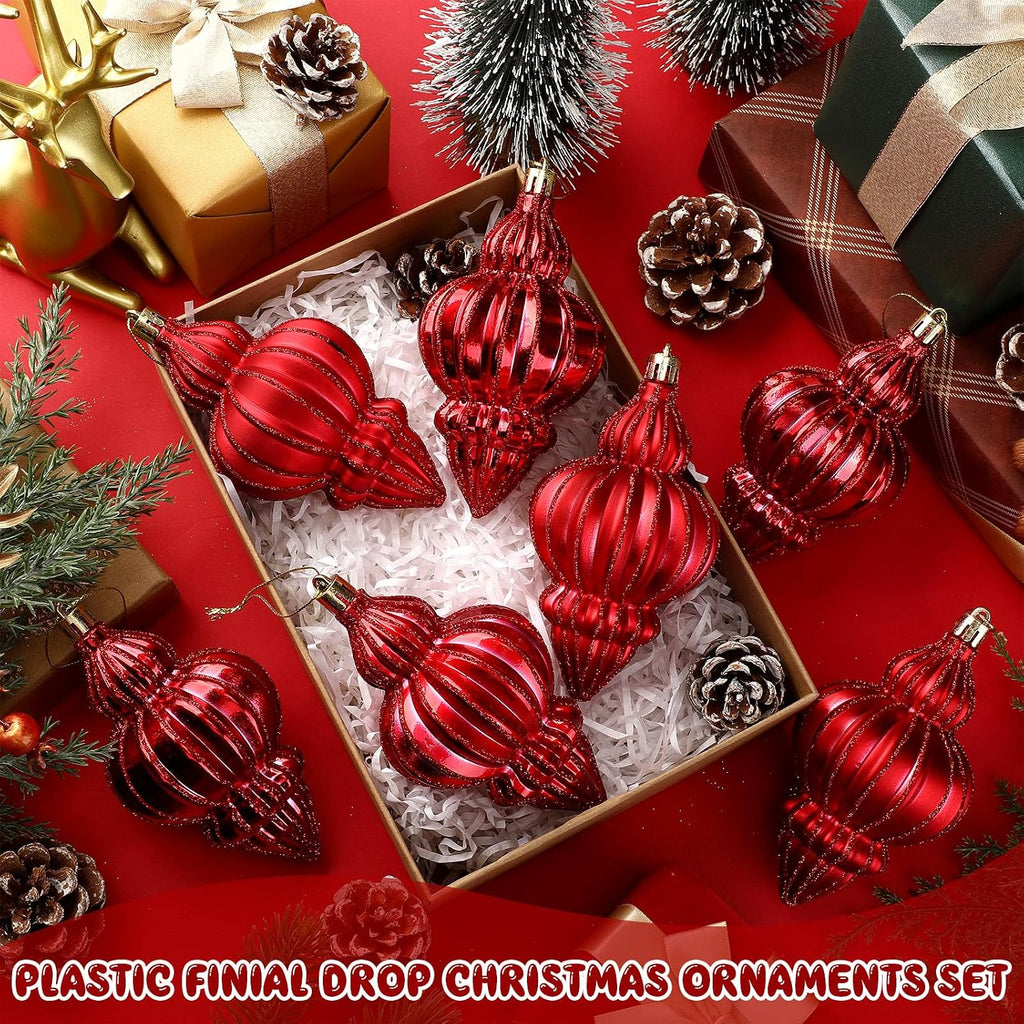 Red 8 Pcs 5.1 Inch Vintage Shatterproof Finial Christmas Ornaments