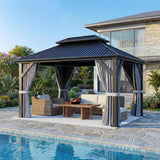 10'x12' Gazebo Hardtop Gazebo, Aluminum Pergola with Double Galvanized Steel Roof, Permanent Outdoor Metal Canopy with Curtain and Netting for Patio, Backyard, Deck,Grey