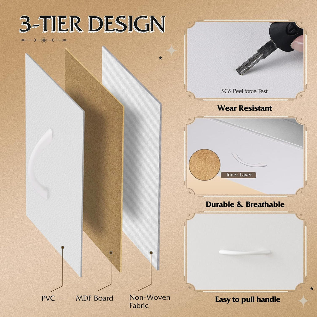 10 Drawer White Fabric Dresser , Side Pockets Chest | White Fabric chest of drawers with side pockets & hooks