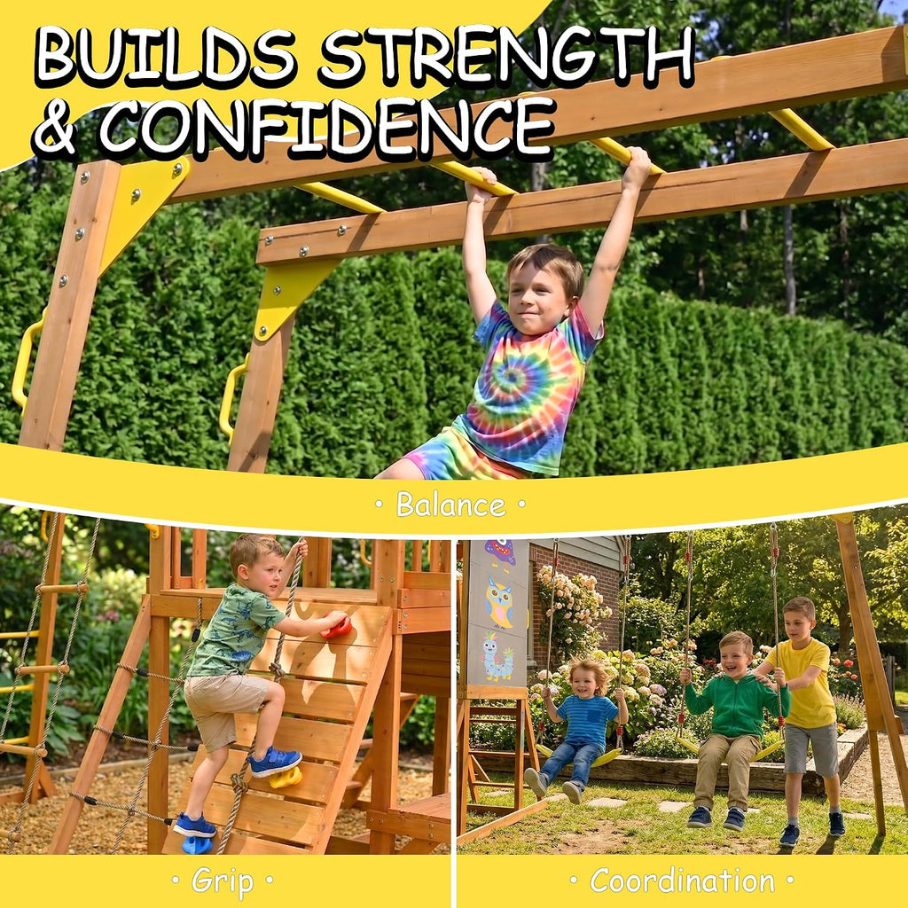 Wooden Swing Sets for Backyard, Outdoor Playground Playset for Kids Ages 3-10