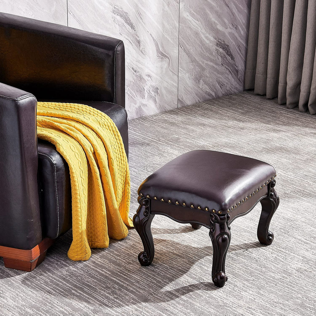 Foot Rest Ottoman - Microfiber Leather Upholstered Stool, Sofa, Entryway - Solid Wood (Black, Brown)