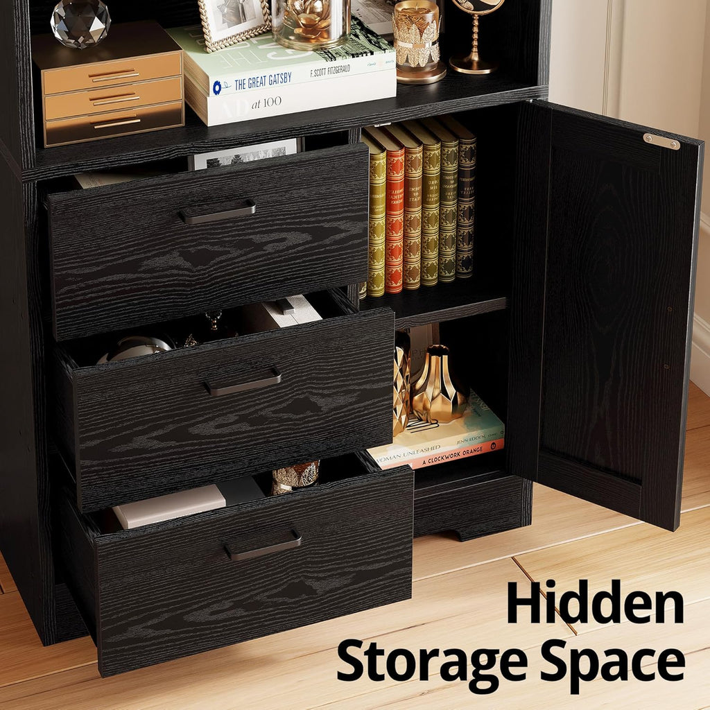 Bookshelf with Drawers, 71 in Tall Bookcase with Doors and 3-Tier Shelves, Entrance Hallway Home Office