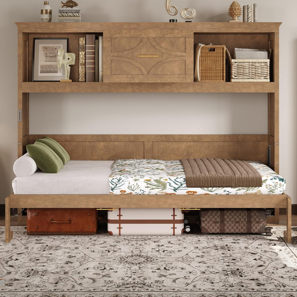 Farmhouse Wood Murphy Bed with Charging Station, Modern Wall Bed with Top Cabinet & Drawer, No Box Spring
