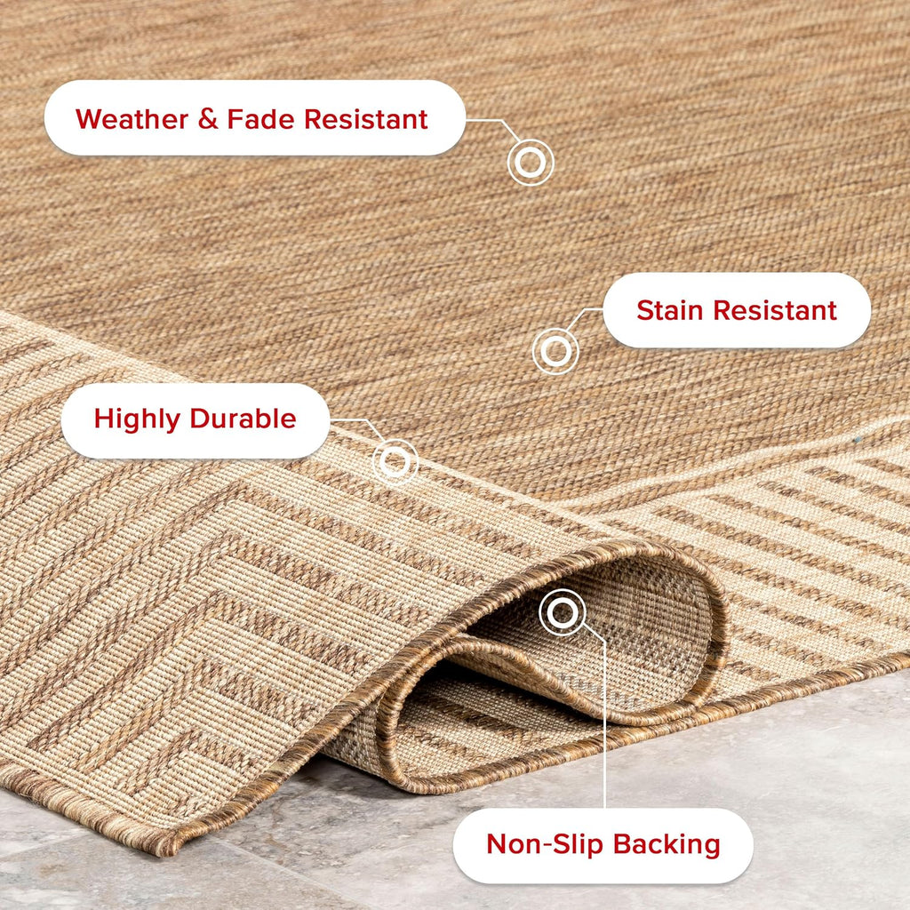 Asha Light Brown Bordered Indoor/Outdoor Area Rug, 7' Round
