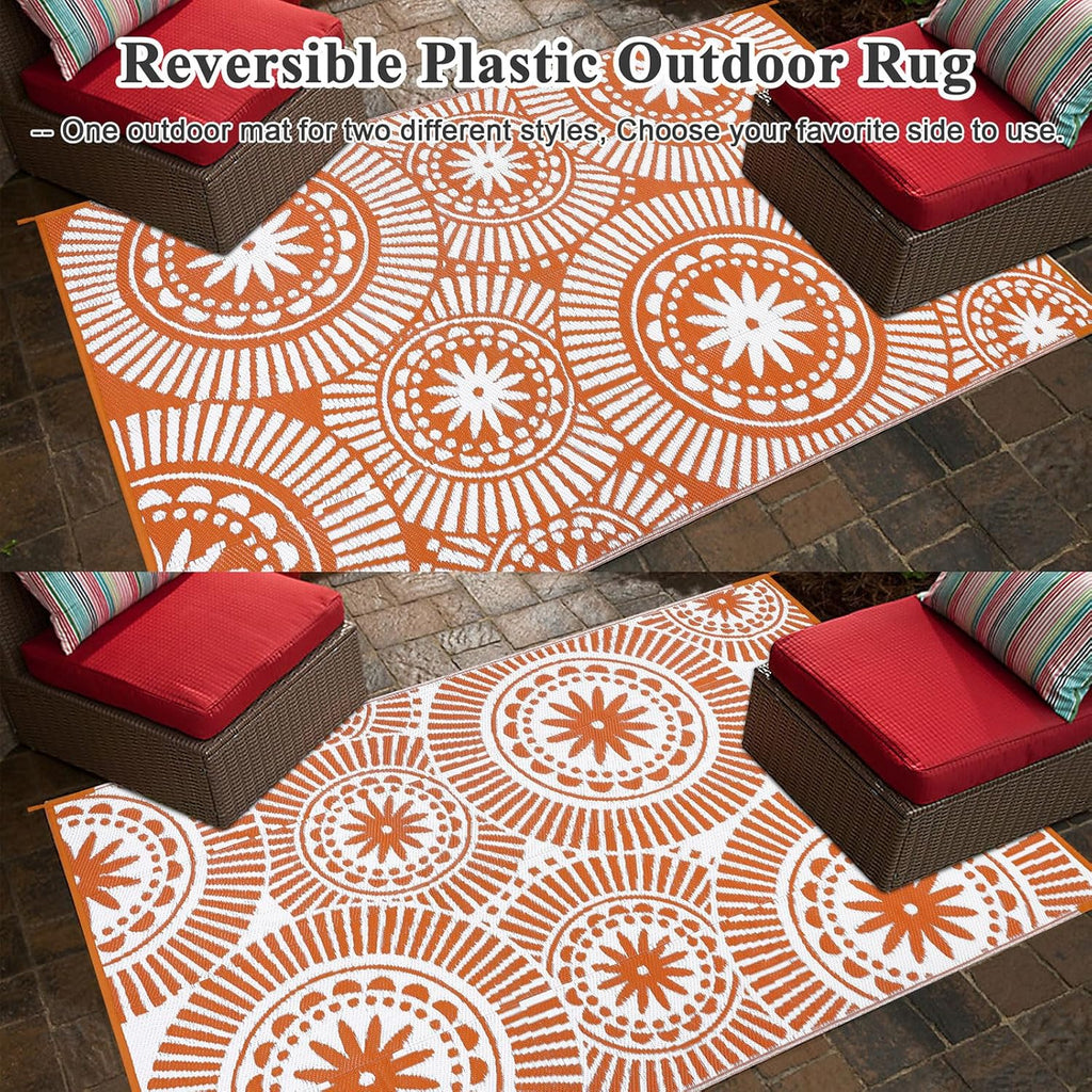 Outdoor Plastic Straw Rug Modern Geometric Style Reversible Patio Area Rugs Waterproof Non Shedding Portable