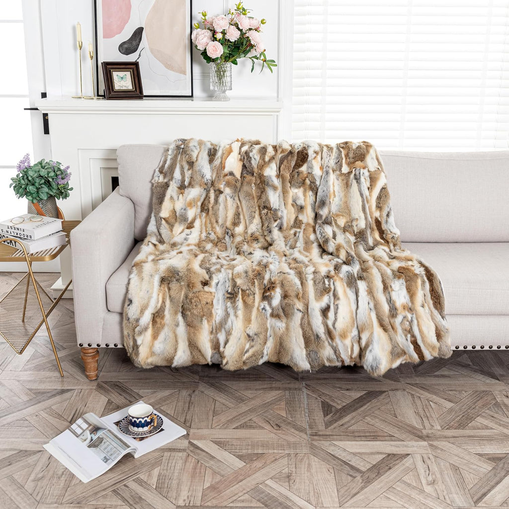 Fur Blanket Throw for Couch Tan Rabbit Hide Fur Throw Blanket Fuzzy Fluffy Super Soft Furry Plush Decorative Comfy