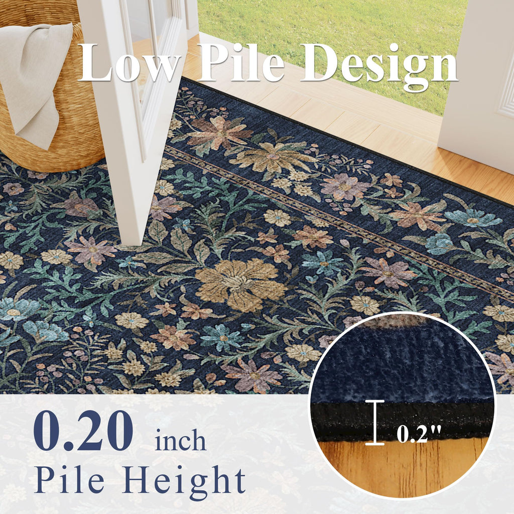 2x8 Runner Rug, Washable Vintage Floral Kitchen Rug, Dark Blue