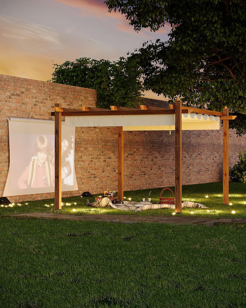 10x13 Ft Outdoor Pergola Faux Wood Grain Aluminum Gazebo with Retractable Canopy for Patio Modern Backyard Deck