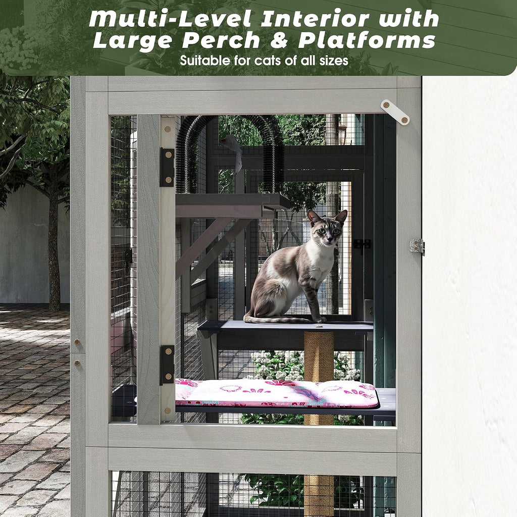 Window Cat Cage, 70.9" Tall Large Wooden Cat Enclosure with Multi-Level Perches, Escape-Proof Galvanized Mesh, Sturdy