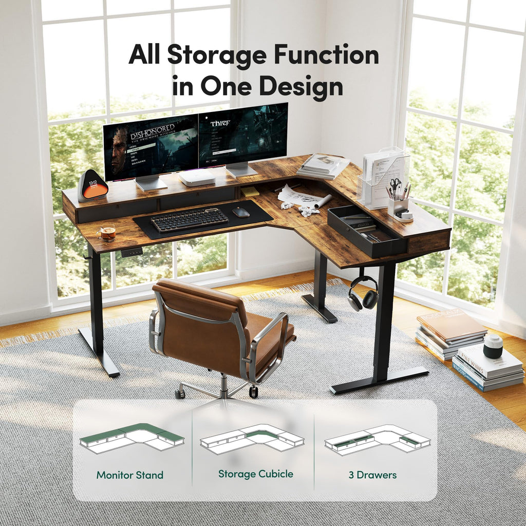 63"x48" L Shaped Standing Desk with Drawers & Shelf, Rustic Brown