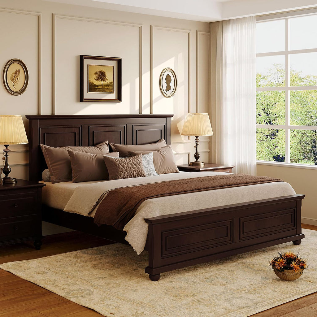 Mid Century Wood Platform Bed Frame, Queen Bed Frame with Headboard, Footboard & Wooden Slats Support, No Box Spring