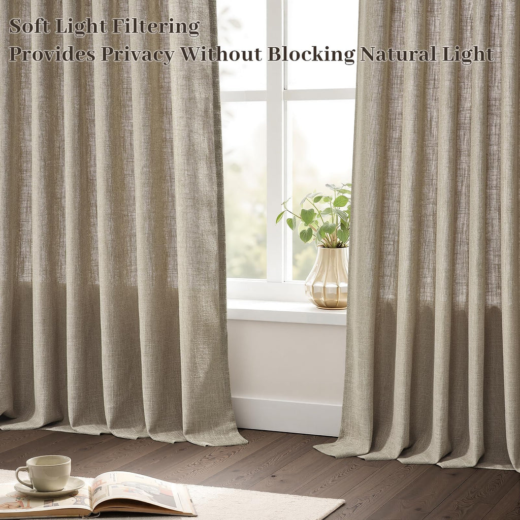 Taupe Pinch Pleated Linen Semi Sheer Curtains 72 Inches Long 2 Panels Bedroom Rustic Country Thick Linen Textured