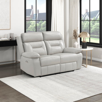 Top Grain Leather Match Power Double Recliner Loveseat, Silver