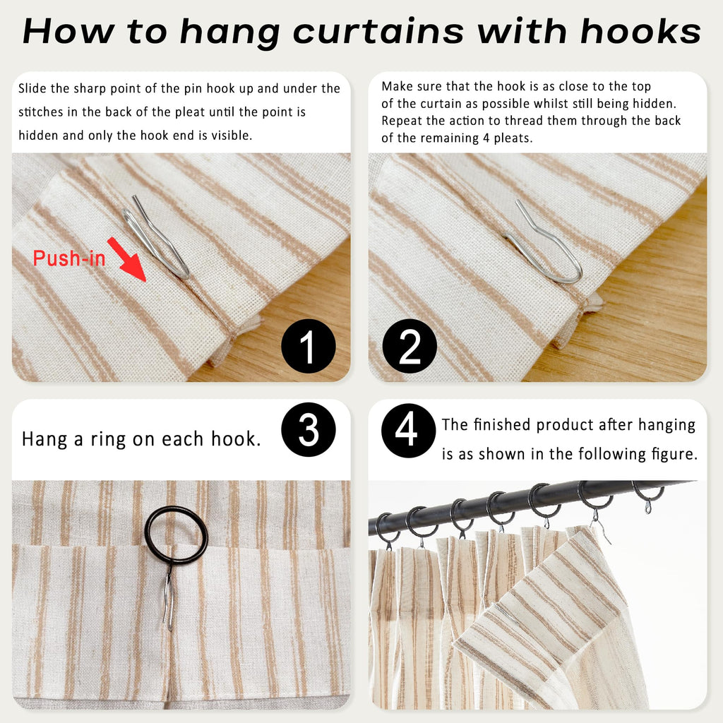 Pinch Pleated Curtains Window, Striped Kitchen Tier Curtain with Hooks Rings, Gray and White Ticking Stripe Curtains