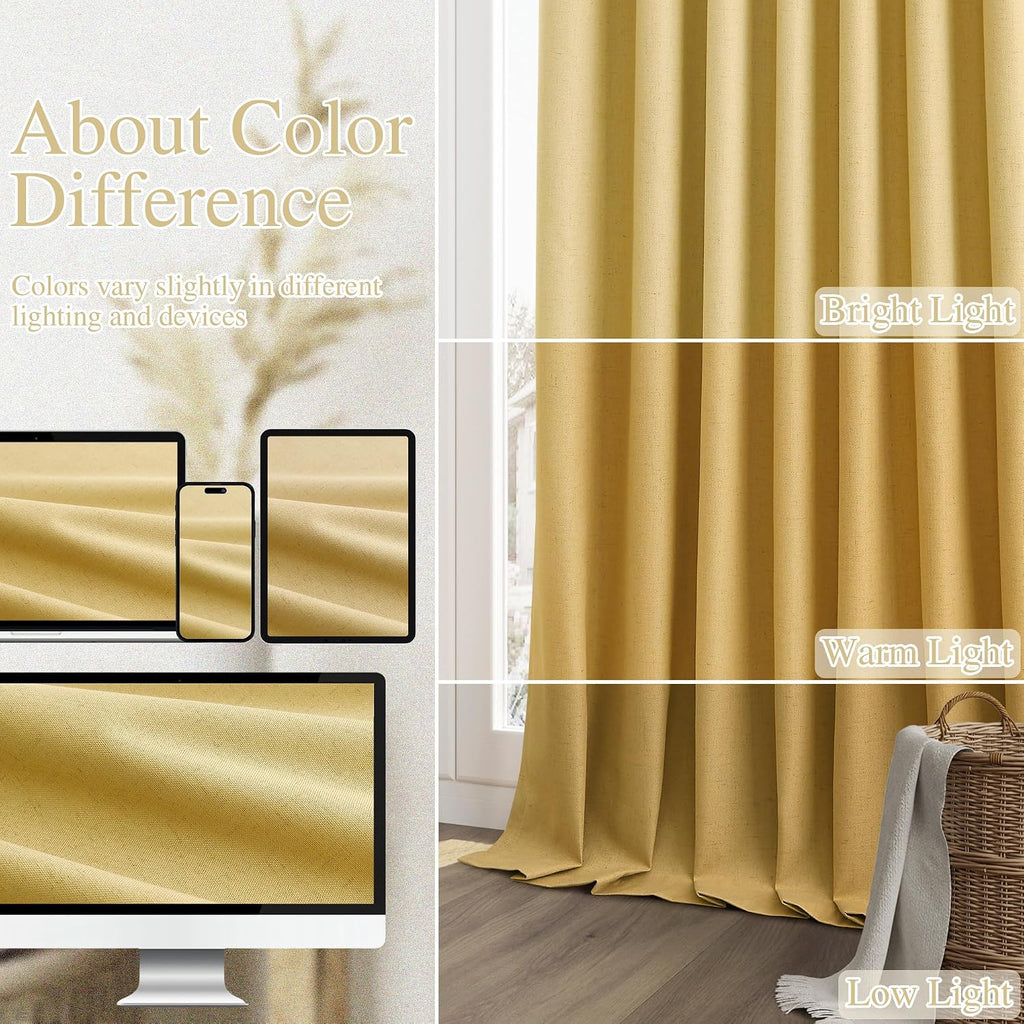 Gold 100% Blackout Linen Curtains 84 Inch Length 2 Panels Set for Living Room Bedroom Back Tab Thermal Insulated