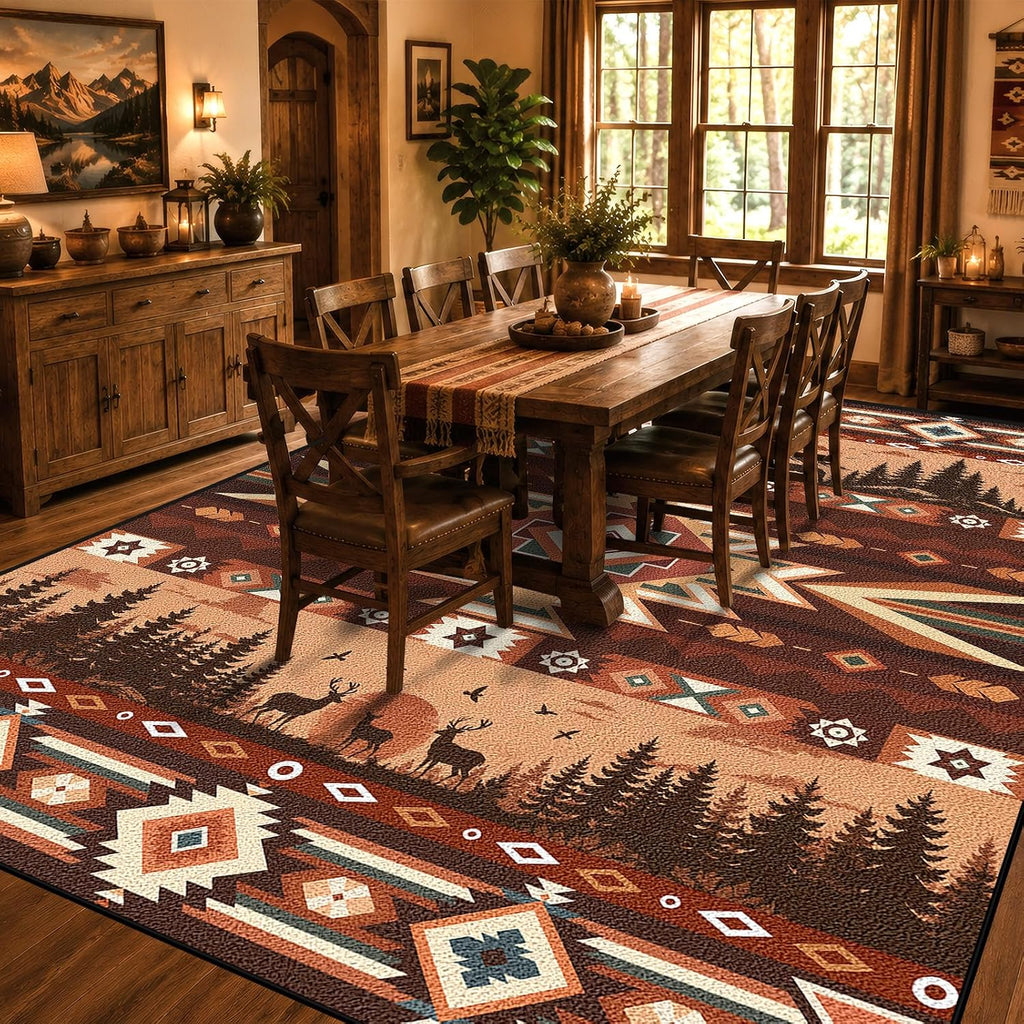 Western Aztec Area Rug, 5x7 Vintage Rustic Cabin Bear Deer Southwest Tribal Rugs, Machine Washable Non‐Slip Stain