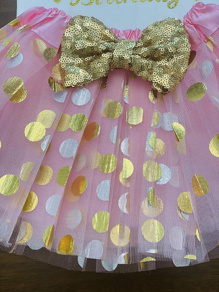Personalized 1st Birthday Girl Outfit | Glittering Gold and Pink Tutu Dress with Elastic Closure Headband