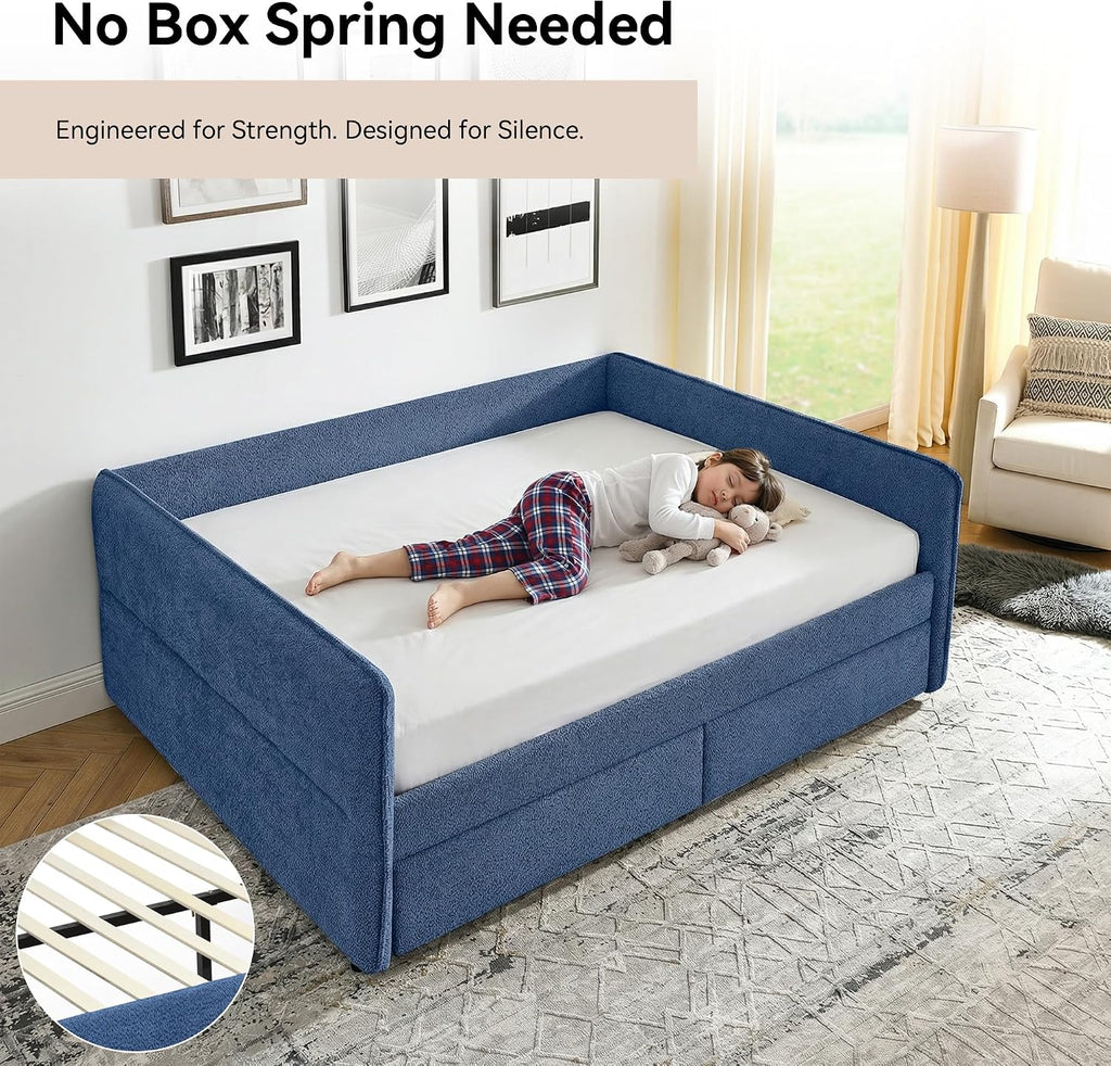 Queen Daybed with 2 Storage Drawers, Boucle Upholstered Daybed Frame with Tufted Design, Queen Size Storage Daybeds