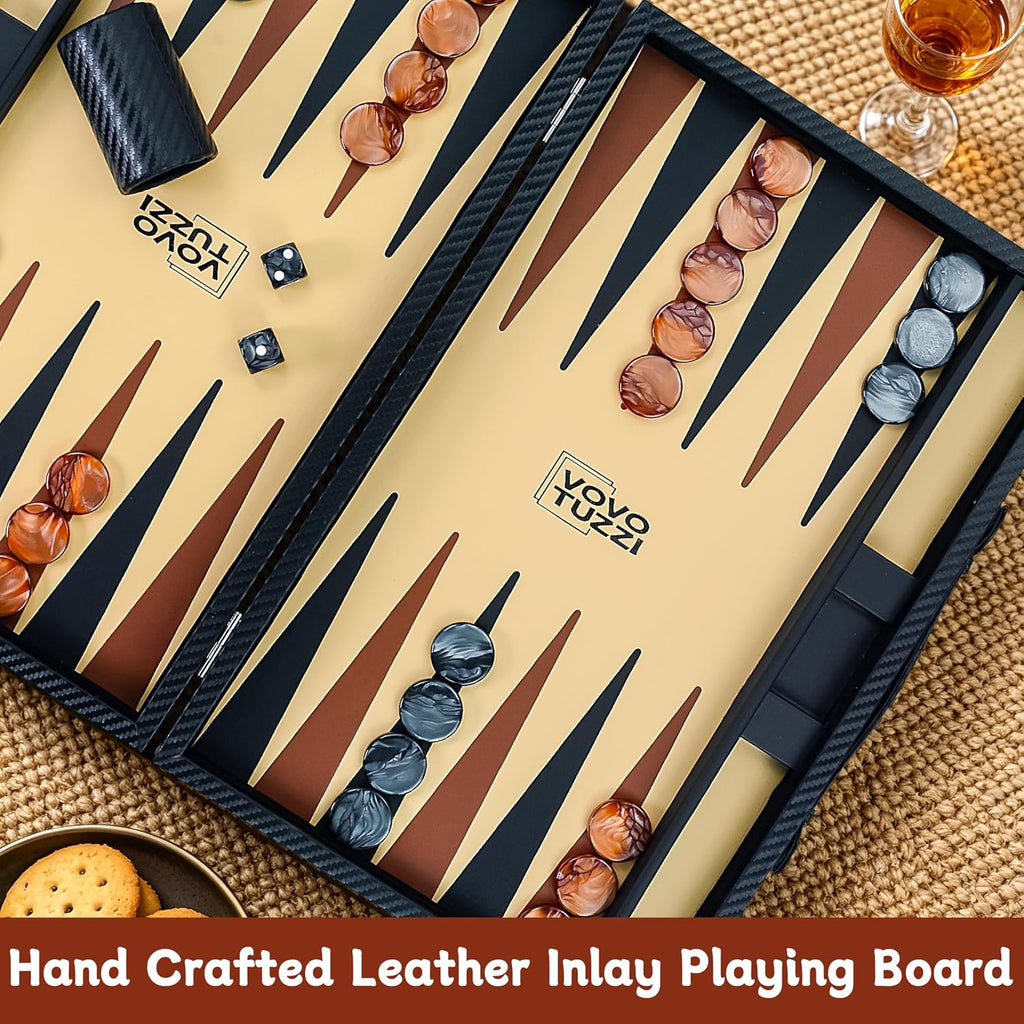 15 Inch Backgammon Set for Adults, Premium Carbon Fiber PU Leather Foldable Backgammon Board Game, Portable Travel