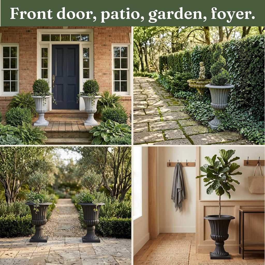 Urn Planters 22", Set of 2, Tall Stone-Resin Pedestal Planters for Outdoor Plants, Large Front Porch Decor, Patio